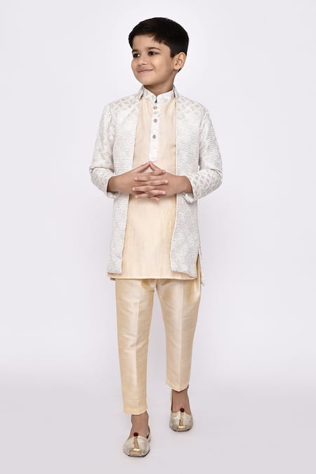 Arihant Rai Sinha Beige Brocade, Jacquard, Silk Embroidery Banarasi Jacket Kurta Set 