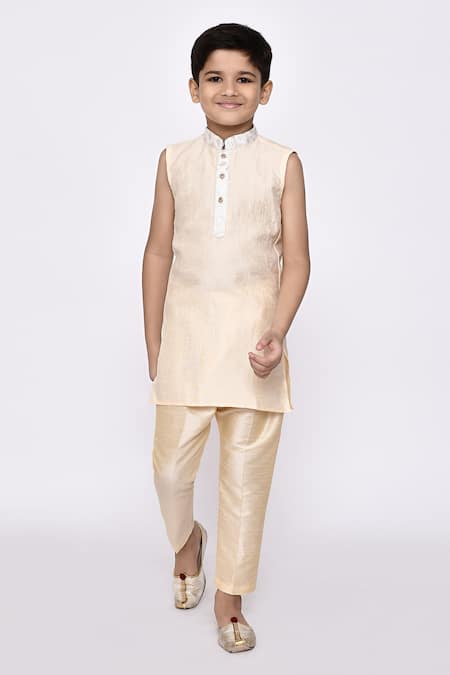 Buy_Petite Pomme_Beige Brocade, Jacquard, Silk Embroidery Banarasi Jacket Kurta Set _Online_at_Aza_Fashions