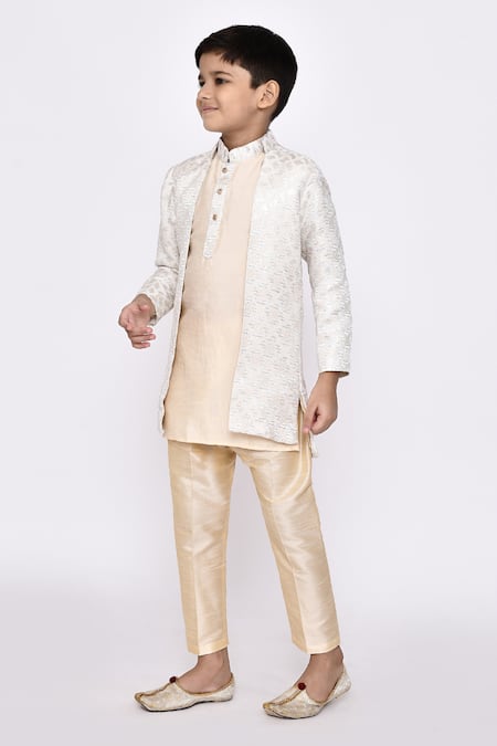 Shop_Petite Pomme_Beige Brocade, Jacquard, Silk Embroidery Banarasi Jacket Kurta Set _Online_at_Aza_Fashions