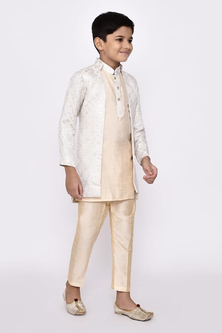 Petite Pomme_Beige Brocade, Jacquard, Silk Embroidery Banarasi Jacket Kurta Set _at_Aza_Fashions