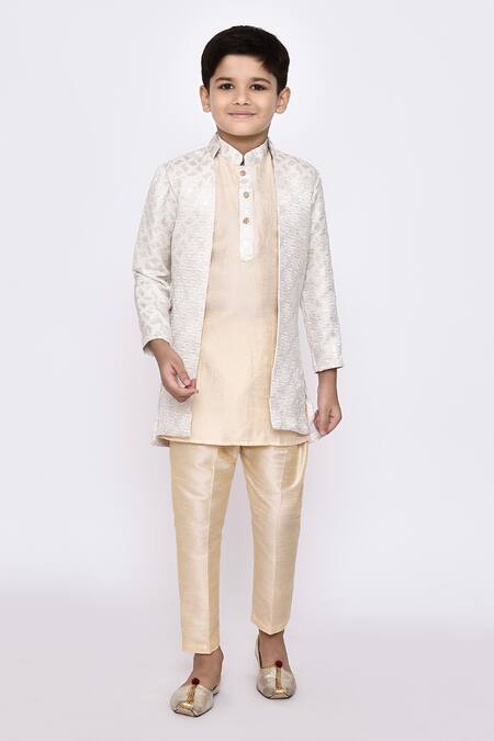 Buy_Petite Pomme_Beige Brocade, Jacquard, Silk Embroidery Banarasi Jacket Kurta Set 