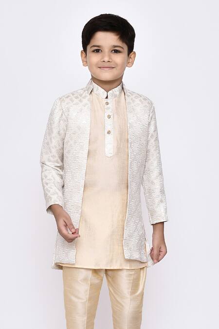 Shop_Petite Pomme_Beige Brocade, Jacquard, Silk Embroidery Banarasi Jacket Kurta Set 
