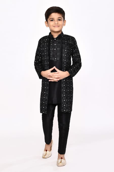 Buy_Petite Pomme_Black Silk Sequins Embroidered Jacket Sherwani And Pyjama Set _Online_at_Aza_Fashions