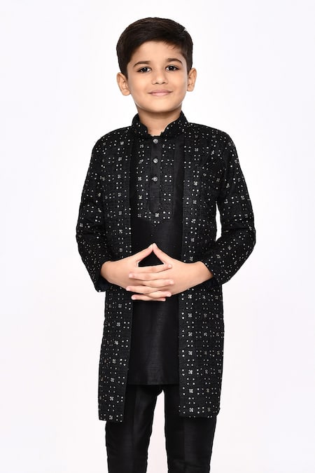 Shop_Petite Pomme_Black Silk Sequins Embroidered Jacket Sherwani And Pyjama Set _Online_at_Aza_Fashions