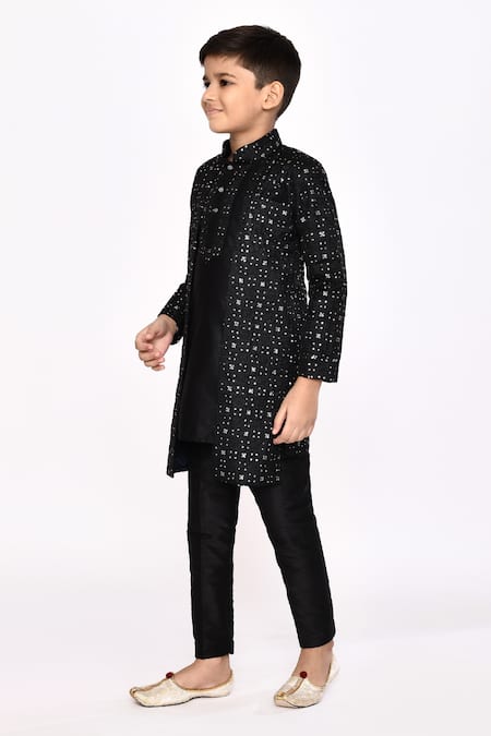 Petite Pomme_Black Silk Sequins Embroidered Jacket Sherwani And Pyjama Set _at_Aza_Fashions