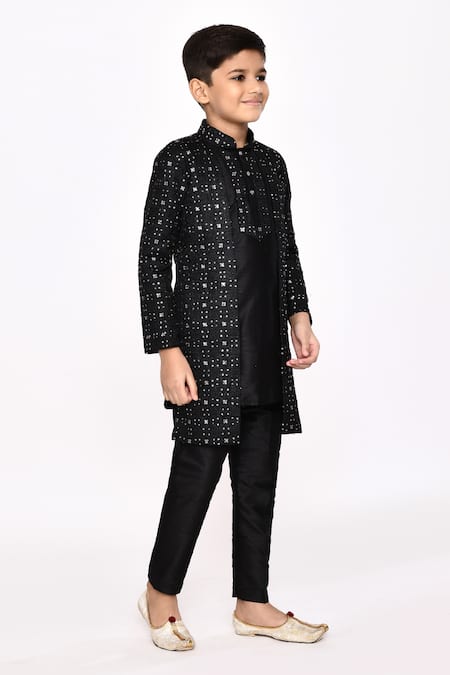 Buy_Petite Pomme_Black Silk Sequins Embroidered Jacket Sherwani And Pyjama Set 