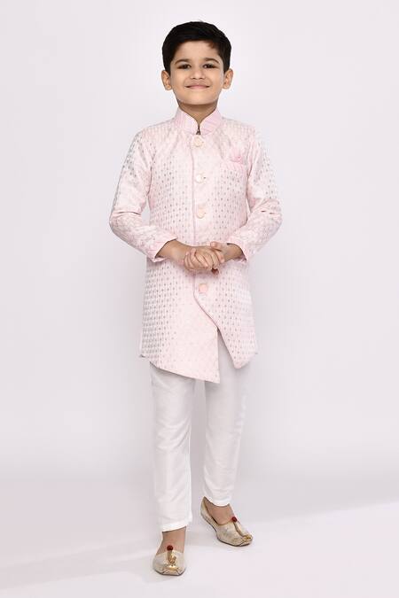 Buy_Petite Pomme_Pink Kota Doria, Silk Sequins Embroidered Asymmetric Sherwani And Pyjama Set _Online_at_Aza_Fashions