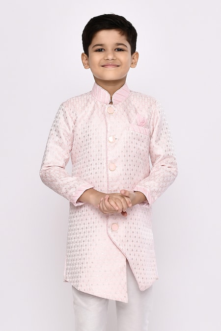 Shop_Petite Pomme_Pink Kota Doria, Silk Sequins Embroidered Asymmetric Sherwani And Pyjama Set _Online_at_Aza_Fashions