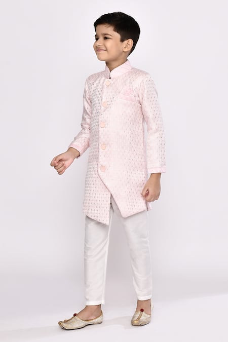 Petite Pomme_Pink Kota Doria, Silk Sequins Embroidered Asymmetric Sherwani And Pyjama Set _at_Aza_Fashions
