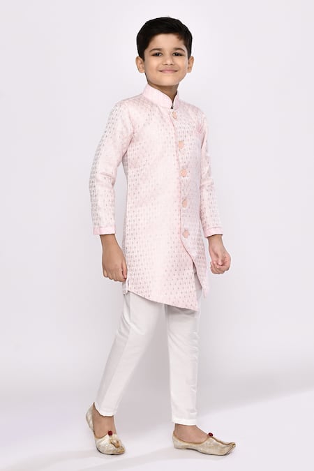 Buy_Petite Pomme_Pink Kota Doria, Silk Sequins Embroidered Asymmetric Sherwani And Pyjama Set 