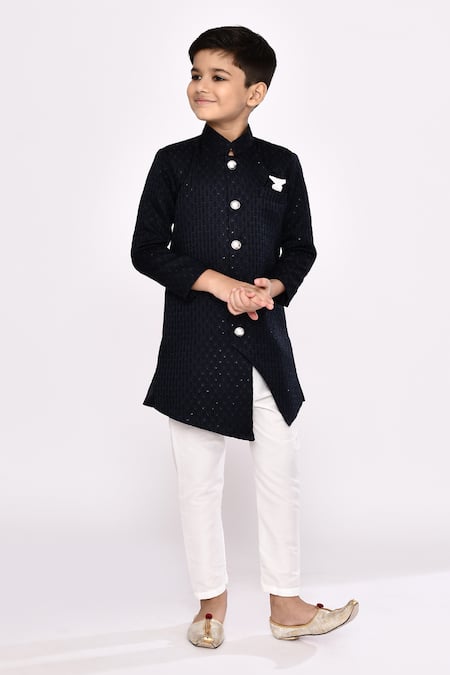 Buy_Petite Pomme_Blue Brocade, Silk Sequins Work Asymmetric Sherwani And Pyjama Set _Online_at_Aza_Fashions