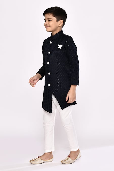 Shop_Petite Pomme_Blue Brocade, Silk Sequins Work Asymmetric Sherwani And Pyjama Set _Online_at_Aza_Fashions