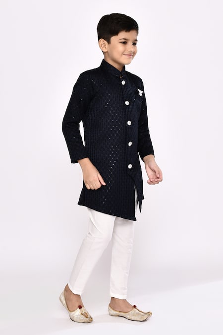 Petite Pomme_Blue Brocade, Silk Sequins Work Asymmetric Sherwani And Pyjama Set _at_Aza_Fashions