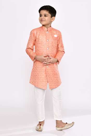 Buy_Petite Pomme_Orange Silk Sequins Asymmetric Embroidered Sherwani And Pyjama Set _Online_at_Aza_Fashions