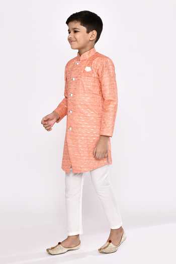 Shop_Petite Pomme_Orange Silk Sequins Asymmetric Embroidered Sherwani And Pyjama Set _Online_at_Aza_Fashions