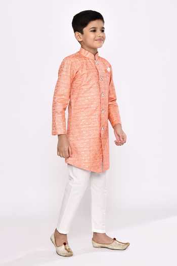 Petite Pomme_Orange Silk Sequins Asymmetric Embroidered Sherwani And Pyjama Set _at_Aza_Fashions