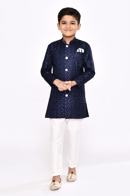 Buy_Petite Pomme_Blue Silk Sequins Work Sherwani And Pyjama Set _Online_at_Aza_Fashions