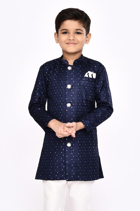 Shop_Petite Pomme_Blue Silk Sequins Work Sherwani And Pyjama Set _Online_at_Aza_Fashions