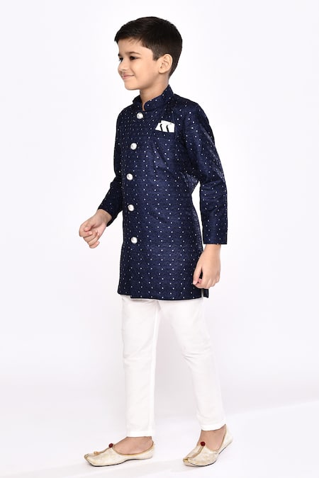 Petite Pomme_Blue Silk Sequins Work Sherwani And Pyjama Set _at_Aza_Fashions