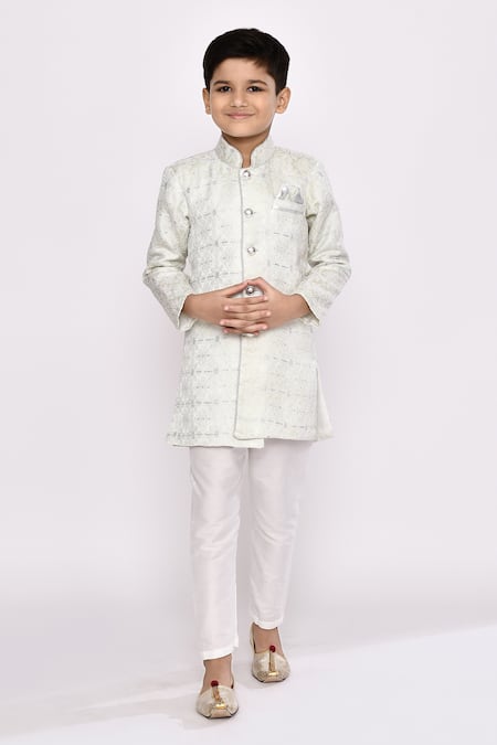 Buy_Petite Pomme_Green Brocade, Silk Sequins, Embroidery Asymmetric Work Sherwani And Pyjama Set _Online_at_Aza_Fashions