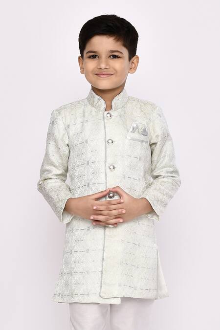 Shop_Petite Pomme_Green Brocade, Silk Sequins, Embroidery Asymmetric Work Sherwani And Pyjama Set _Online_at_Aza_Fashions