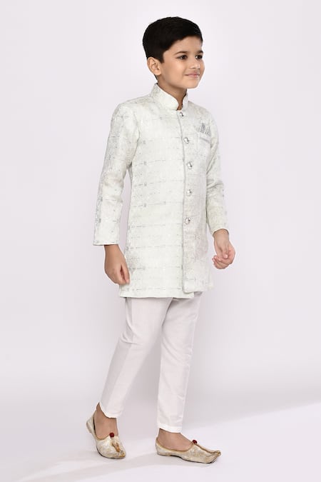 Buy_Petite Pomme_Green Brocade, Silk Sequins, Embroidery Asymmetric Work Sherwani And Pyjama Set 