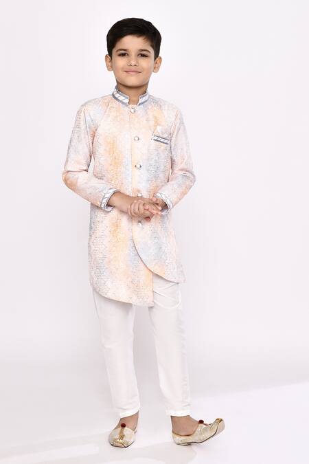 Buy_Petite Pomme_Orange Silk Sequins, Embroidery Sherwani And Pyjama Set _Online_at_Aza_Fashions