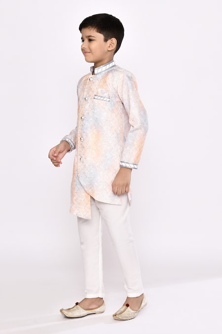 Shop_Petite Pomme_Orange Silk Sequins, Embroidery Sherwani And Pyjama Set _Online_at_Aza_Fashions