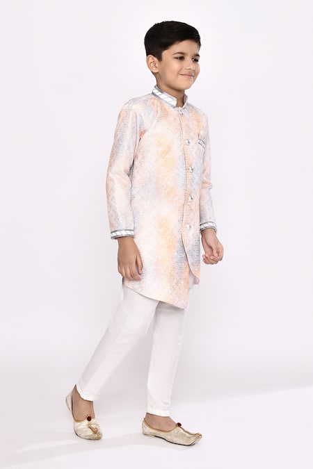 Petite Pomme_Orange Silk Sequins, Embroidery Sherwani And Pyjama Set _at_Aza_Fashions