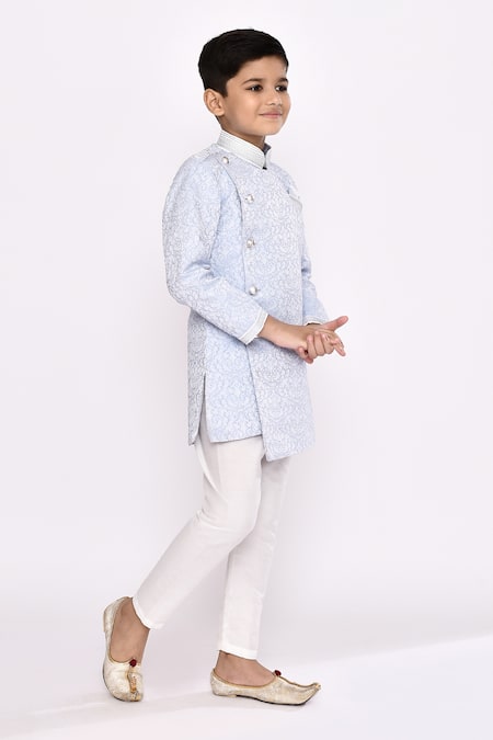 Buy_Petite Pomme_Blue Jacquard, Silk Sequins Thread Embroidered Sherwani And Pyjama Set _Online_at_Aza_Fashions