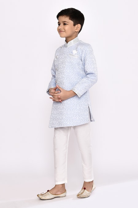 Shop_Petite Pomme_Blue Jacquard, Silk Sequins Thread Embroidered Sherwani And Pyjama Set _Online_at_Aza_Fashions