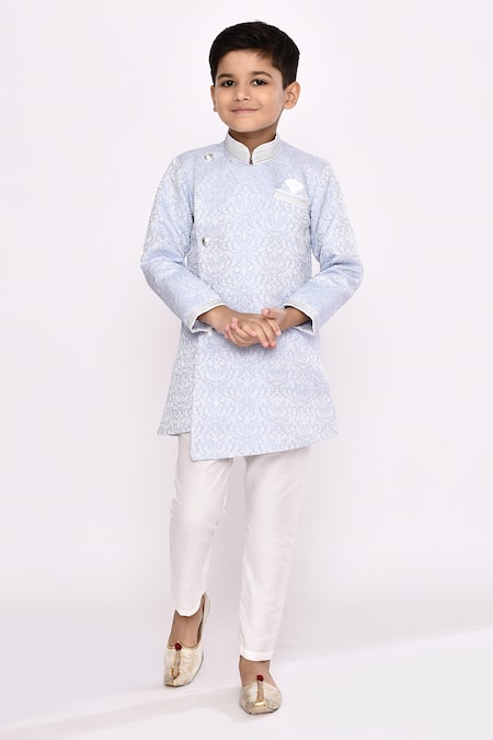 Petite Pomme_Blue Jacquard, Silk Sequins Thread Embroidered Sherwani And Pyjama Set _at_Aza_Fashions