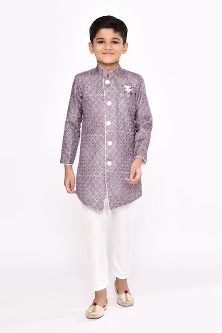 Petite Pomme Purple Jacquard, Silk Geometric Pattern Sherwani And Pyjama Set 