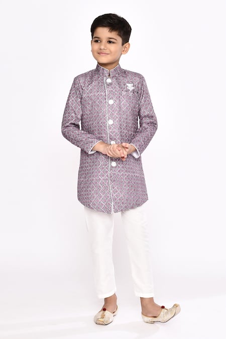 Buy_Petite Pomme_Purple Jacquard, Silk Geometric Pattern Sherwani And Pyjama Set _Online_at_Aza_Fashions