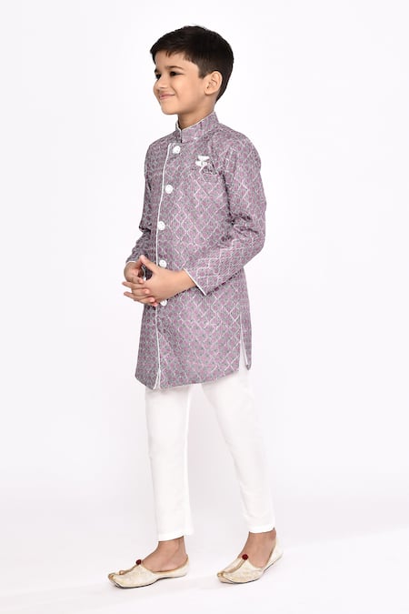 Shop_Petite Pomme_Purple Jacquard, Silk Geometric Pattern Sherwani And Pyjama Set _Online_at_Aza_Fashions