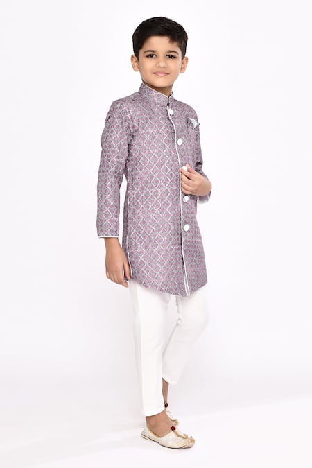 Petite Pomme_Purple Jacquard, Silk Geometric Pattern Sherwani And Pyjama Set _at_Aza_Fashions