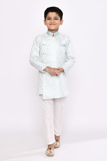 Buy_Petite Pomme_Green Brocade, Silk Sequins Geometric Embroidered Sherwani And Pyjama Set _Online_at_Aza_Fashions