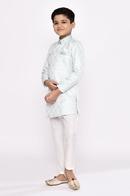 Shop_Petite Pomme_Green Brocade, Silk Sequins Geometric Embroidered Sherwani And Pyjama Set _Online_at_Aza_Fashions
