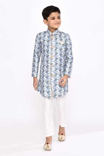 Buy_Petite Pomme_Blue Jacquard, Silk Sequins, Embroidery Geometric Pattern Sherwani And Pyjama Set _Online_at_Aza_Fashions