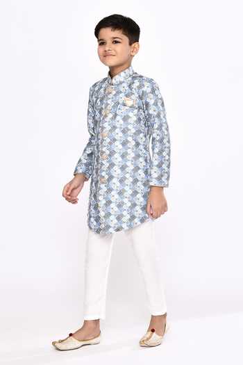 Shop_Petite Pomme_Blue Jacquard, Silk Sequins, Embroidery Geometric Pattern Sherwani And Pyjama Set _Online_at_Aza_Fashions