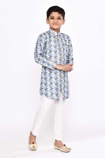 Petite Pomme_Blue Jacquard, Silk Sequins, Embroidery Geometric Pattern Sherwani And Pyjama Set _at_Aza_Fashions