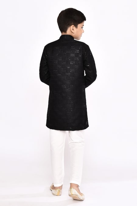 Shop_Petite Pomme_Black Brocade, Silk Sequins Thread Embroidered Sherwani And Pyjama Set _at_Aza_Fashions
