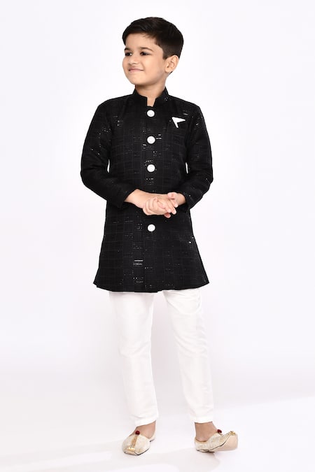 Buy_Petite Pomme_Black Brocade, Silk Sequins Thread Embroidered Sherwani And Pyjama Set _Online_at_Aza_Fashions