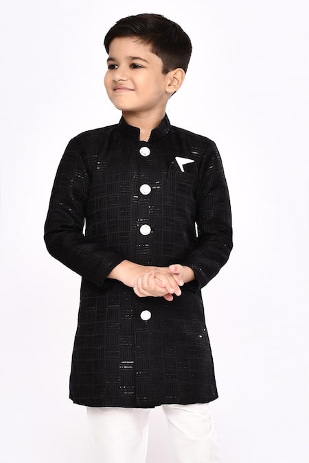 Shop_Petite Pomme_Black Brocade, Silk Sequins Thread Embroidered Sherwani And Pyjama Set _Online_at_Aza_Fashions