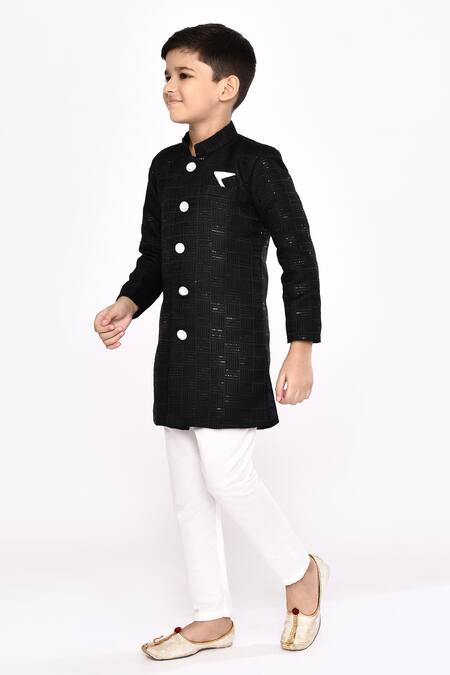Petite Pomme_Black Brocade, Silk Sequins Thread Embroidered Sherwani And Pyjama Set _at_Aza_Fashions