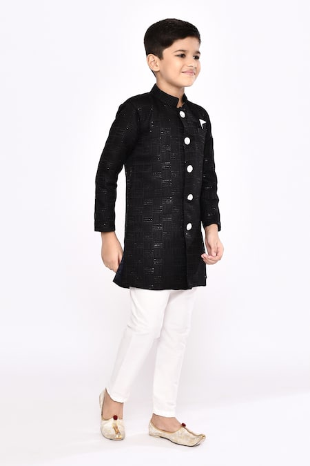 Buy_Petite Pomme_Black Brocade, Silk Sequins Thread Embroidered Sherwani And Pyjama Set 