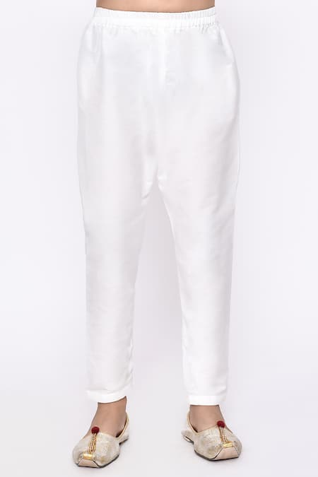 Petite Pomme_Cream Brocade, Silk Embroidery Asymmetric Geometric Sherwani And Pyjama Set _Online_at_Aza_Fashions