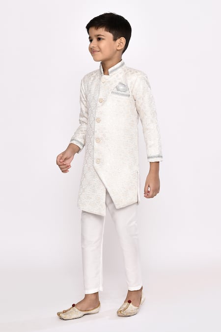 Petite Pomme_Cream Brocade, Silk Embroidery Asymmetric Geometric Sherwani And Pyjama Set _at_Aza_Fashions