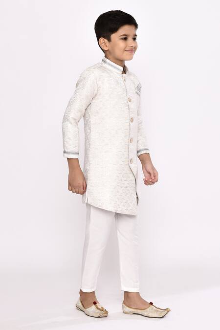 Buy_Petite Pomme_Cream Brocade, Silk Embroidery Asymmetric Geometric Sherwani And Pyjama Set 