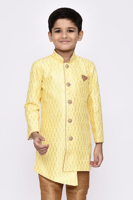 Shop_Petite Pomme_Yellow Silk Sequins, Embroidery Thread Sherwani And Pyjama Set _Online_at_Aza_Fashions